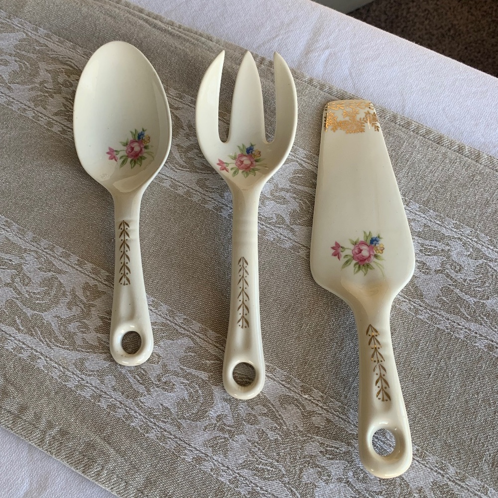 Ceramic Floral Serving Utensil Set- Shabby Chic Vintage Spoon, Fork, Pie Server